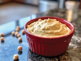 Houmous in a red bowl on a modern kitchen counter